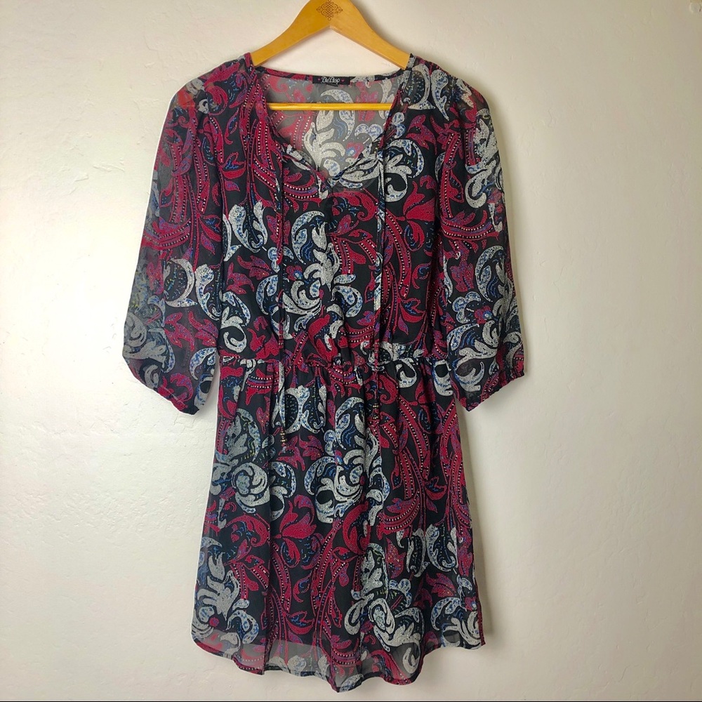 Boho Sheer Mosaic Scroll Print 3/4 Sleeve Dress